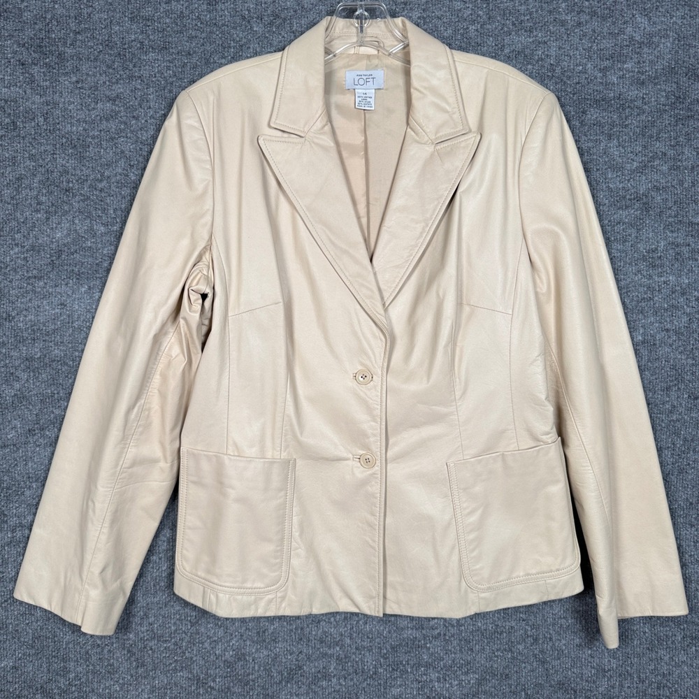 Ann Taylor Loft Size 14 Blazer Jacket Cream Leather Peak Lapel Single Breasted‎